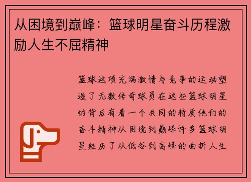 从困境到巅峰：篮球明星奋斗历程激励人生不屈精神