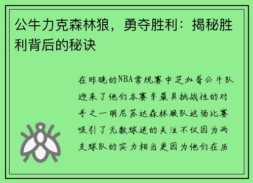 公牛力克森林狼，勇夺胜利：揭秘胜利背后的秘诀
